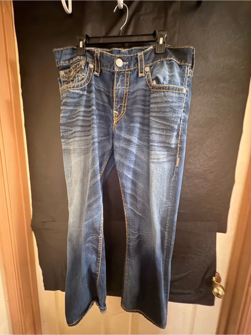 True Religion Men's Dark Blue Bootcut Jeans with Contrast Stitching